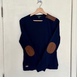 LAUREN Ralph Lauren Navy Blue Long Sleeve with Elbow Patches Size LARGE